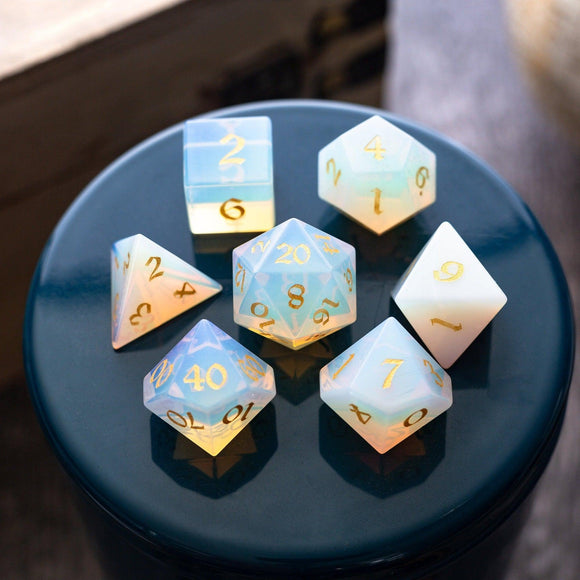 Gemstone Opalite (Gold Font) Hand Carved DND Dice Set - Bards & Cards