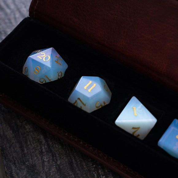 Gemstone Opalite (Gold Font) Hand Carved DND Dice Set - Bards & Cards