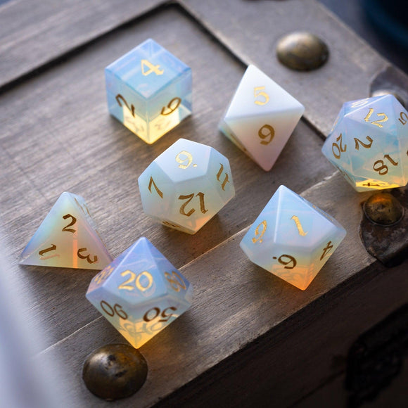 Gemstone Opalite (Gold Font) Hand Carved DND Dice Set - Bards & Cards