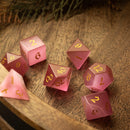 Gemstone Pink Watermelon Cats Eye Stone Hand Carved DND Dice Set - Bards & Cards