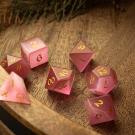 Gemstone Pink Watermelon Cats Eye Stone Hand Carved DND Dice Set - Bards & Cards