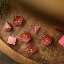 Gemstone Pink Watermelon Cats Eye Stone Hand Carved DND Dice Set - Bards & Cards
