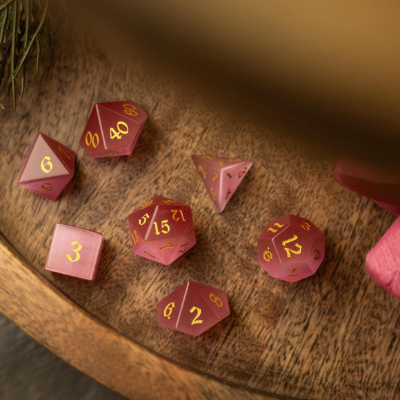 Gemstone Pink Watermelon Cats Eye Stone Hand Carved DND Dice Set - Bards & Cards