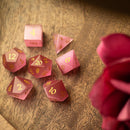 Gemstone Pink Watermelon Cats Eye Stone Hand Carved DND Dice Set - Bards & Cards