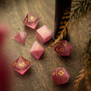 Gemstone Pink Watermelon Cats Eye Stone Hand Carved DND Dice Set - Bards & Cards