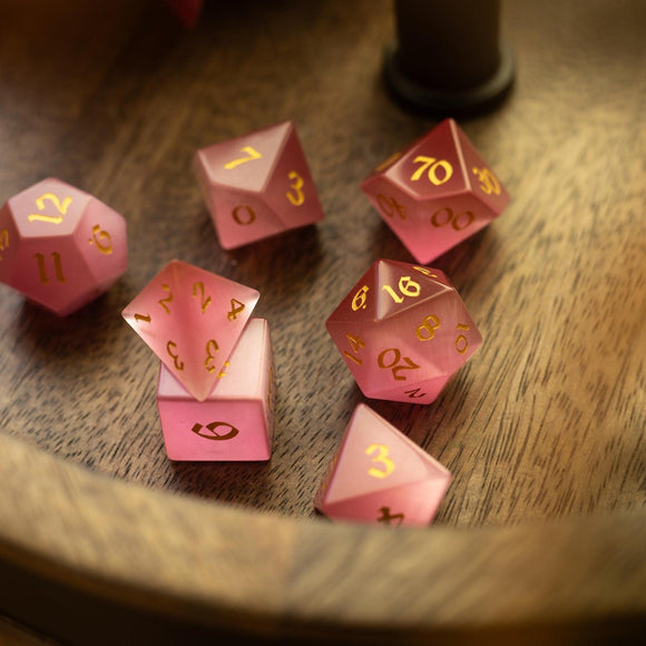 Gemstone Pink Watermelon Cats Eye Stone Hand Carved DND Dice Set - Bards & Cards