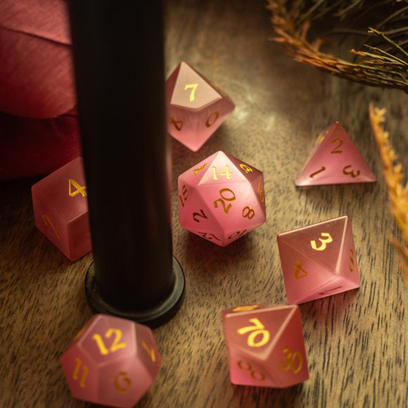 Gemstone Pink Watermelon Cats Eye Stone Hand Carved DND Dice Set - Bards & Cards