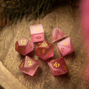 Gemstone Pink Watermelon Cats Eye Stone Hand Carved DND Dice Set - Bards & Cards