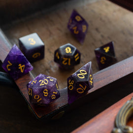 Gemstone Purple Amethyst Elven Cut DND Dice Set - Bards & Cards