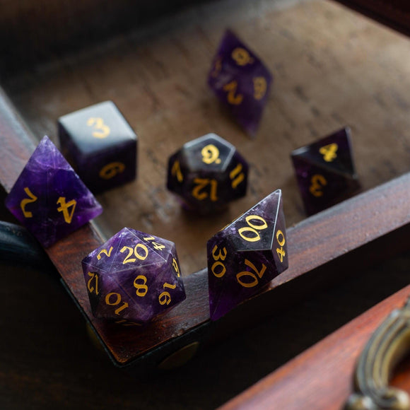 Gemstone Purple Amethyst Elven Cut DND Dice Set - Bards & Cards