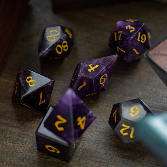 Gemstone Purple Amethyst Elven Cut DND Dice Set - Bards & Cards