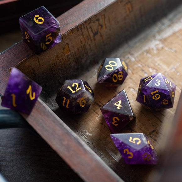 Gemstone Purple Amethyst Elven Cut DND Dice Set - Bards & Cards