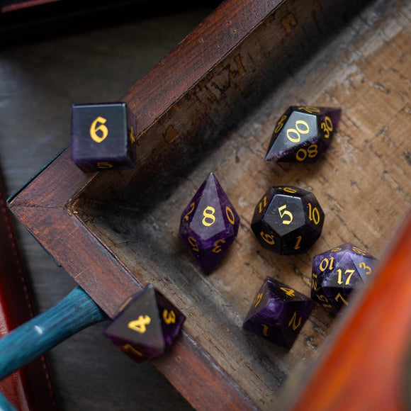 Gemstone Purple Amethyst Elven Cut DND Dice Set - Bards & Cards