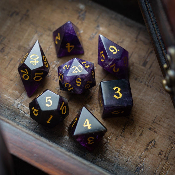 Gemstone Purple Amethyst Elven Cut DND Dice Set - Bards & Cards