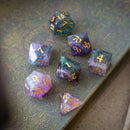 Gemstone Rainbow Fluorite Hand Carved DND Dice Set - Bards & Cards