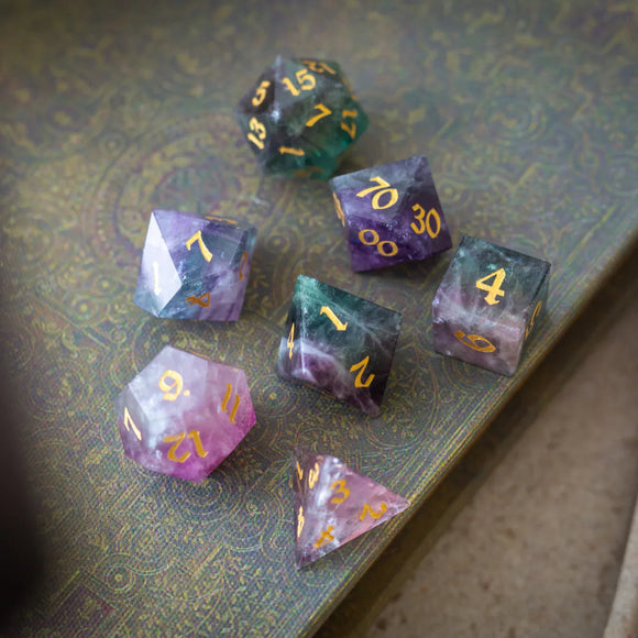 Gemstone Rainbow Fluorite Hand Carved DND Dice Set - Bards & Cards