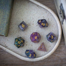 Gemstone Rainbow Fluorite Hand Carved DND Dice Set - Bards & Cards