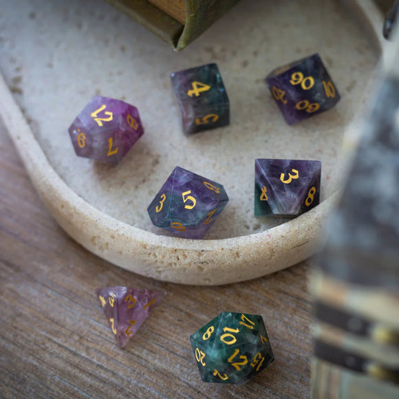 Gemstone Rainbow Fluorite Hand Carved DND Dice Set - Bards & Cards