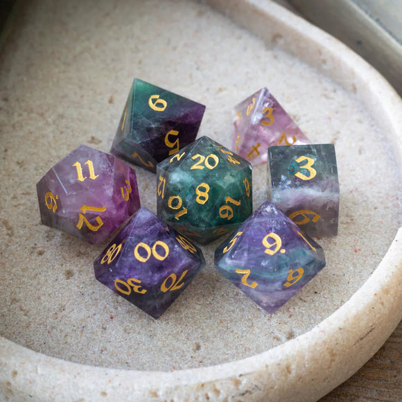 Gemstone Rainbow Fluorite Hand Carved DND Dice Set - Bards & Cards