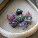 Gemstone Rainbow Fluorite Hand Carved DND Dice Set - Bards & Cards