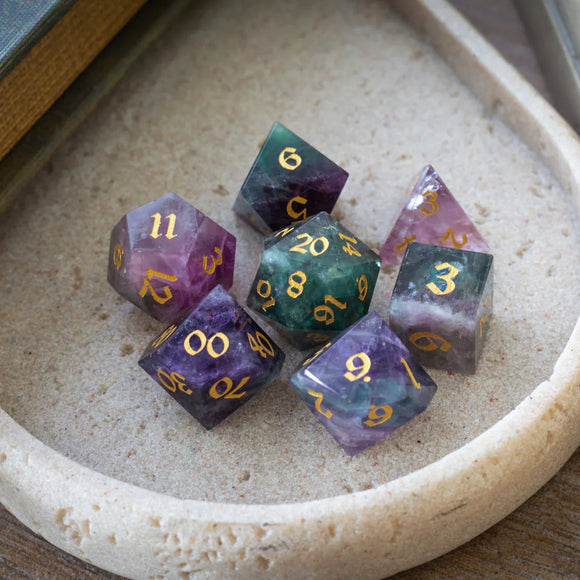 Gemstone Rainbow Fluorite Hand Carved DND Dice Set - Bards & Cards