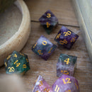 Gemstone Rainbow Fluorite Hand Carved DND Dice Set - Bards & Cards