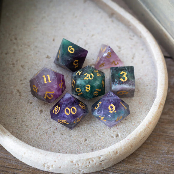 Gemstone Rainbow Fluorite Hand Carved DND Dice Set - Bards & Cards