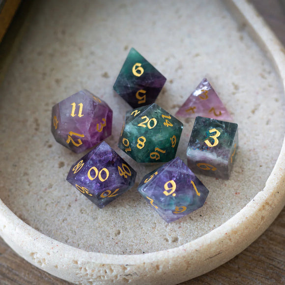 Gemstone Rainbow Fluorite Hand Carved DND Dice Set - Bards & Cards