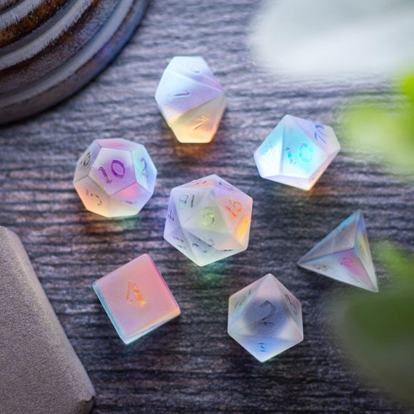 Gemstone Raised Dichroic Glass DND Dice Set - Bards & Cards