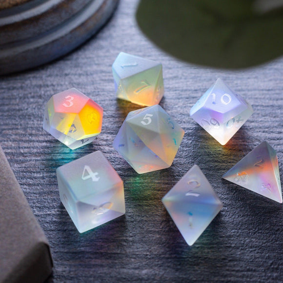 Gemstone Raised Dichroic Glass DND Dice Set - Bards & Cards