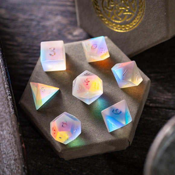 Gemstone Raised Dichroic Glass DND Dice Set - Bards & Cards