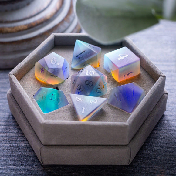 Gemstone Raised Dichroic Glass DND Dice Set - Bards & Cards