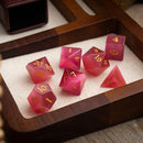 Gemstone Rose Red Cats Eye Stone Hand Carved DND Dice Set - Bards & Cards