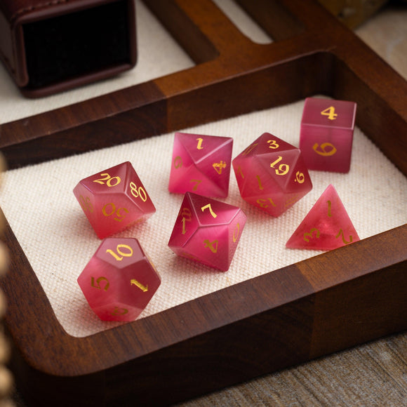 Gemstone Rose Red Cats Eye Stone Hand Carved DND Dice Set - Bards & Cards
