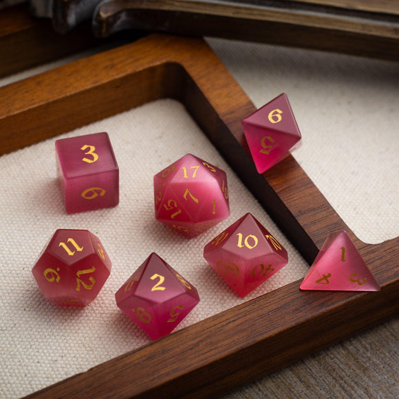 Gemstone Rose Red Cats Eye Stone Hand Carved DND Dice Set - Bards & Cards