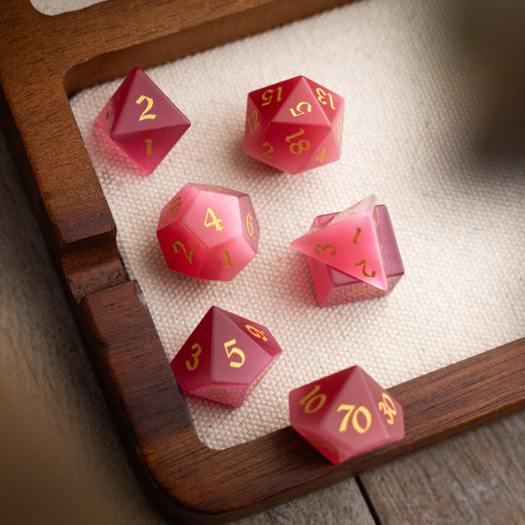 Gemstone Rose Red Cats Eye Stone Hand Carved DND Dice Set - Bards & Cards