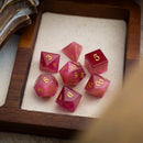 Gemstone Rose Red Cats Eye Stone Hand Carved DND Dice Set - Bards & Cards