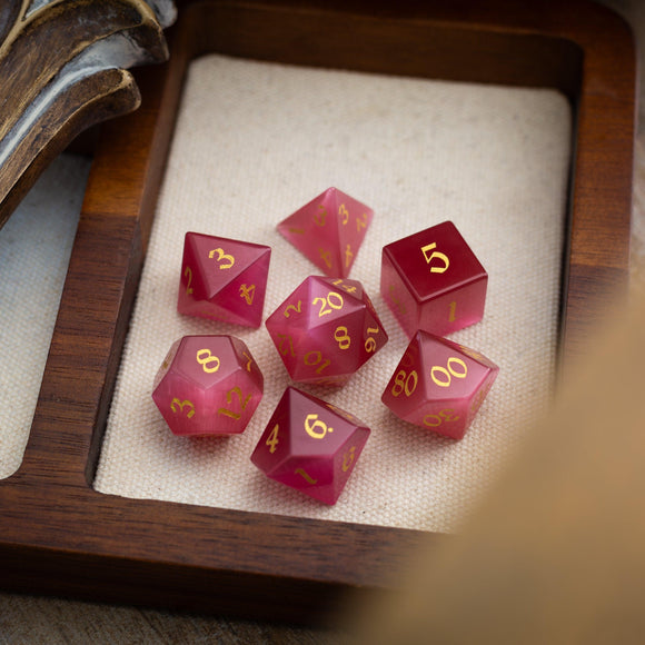 Gemstone Rose Red Cats Eye Stone Hand Carved DND Dice Set - Bards & Cards