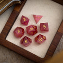 Gemstone Rose Red Cats Eye Stone Hand Carved DND Dice Set - Bards & Cards