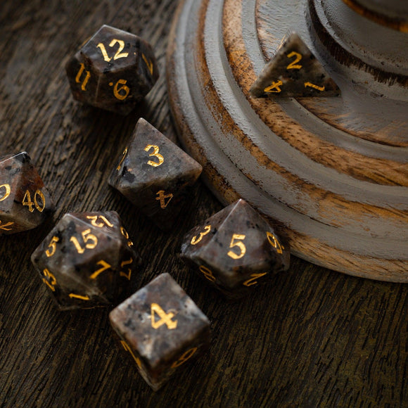 Gemstone Yooperlite Hand Carved DND Dice Set - Bards & Cards