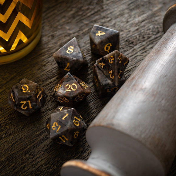 Gemstone Yooperlite Hand Carved DND Dice Set - Bards & Cards