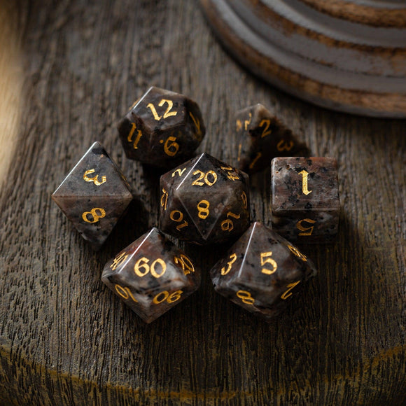 Gemstone Yooperlite Hand Carved DND Dice Set - Bards & Cards
