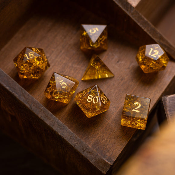 Gold Honey Lightning Cracked Glass DND Dice Set - Bards & Cards