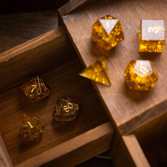 Gold Honey Lightning Cracked Glass DND Dice Set - Bards & Cards