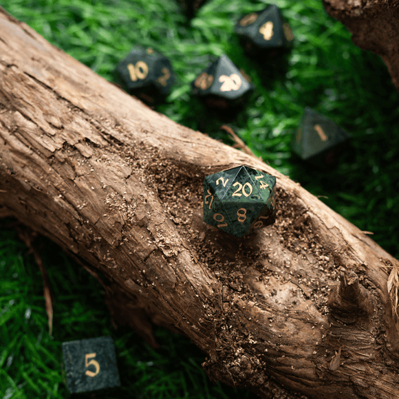 Green Eyed Hand Carved Gemstone DND Dice Set - Bards & Cards