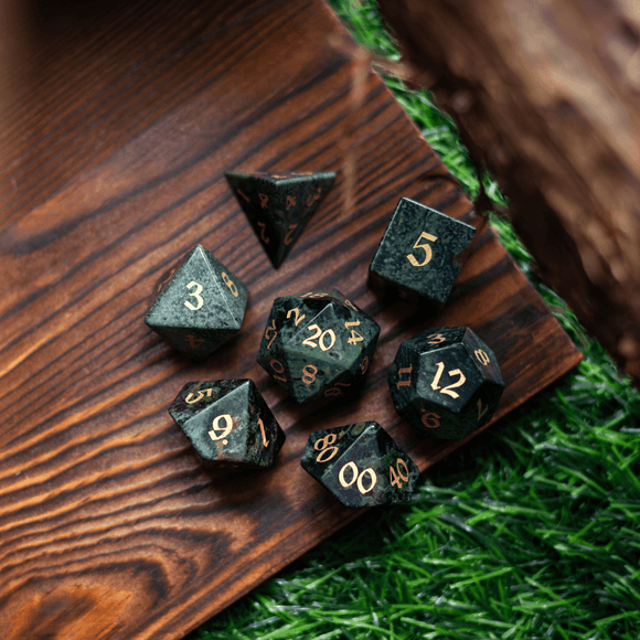 Green Eyed Hand Carved Gemstone DND Dice Set - Bards & Cards
