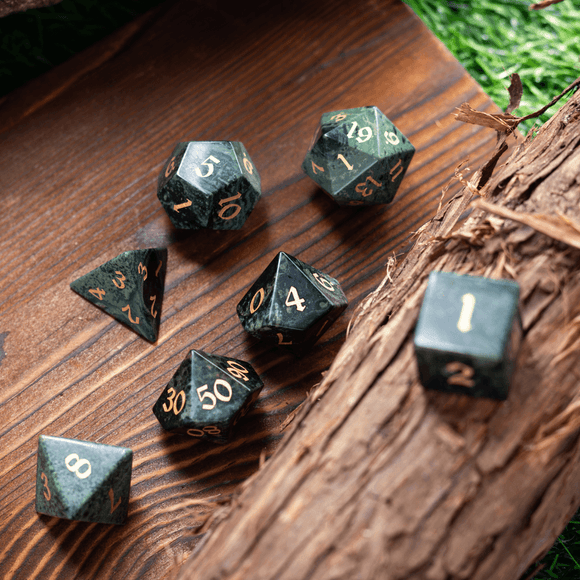 Green Eyed Hand Carved Gemstone DND Dice Set - Bards & Cards