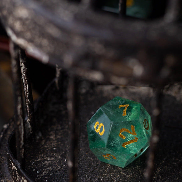 Green Fluorite Gemstone (Chlorophane) Hand Carved DND Dice Set - Bards & Cards