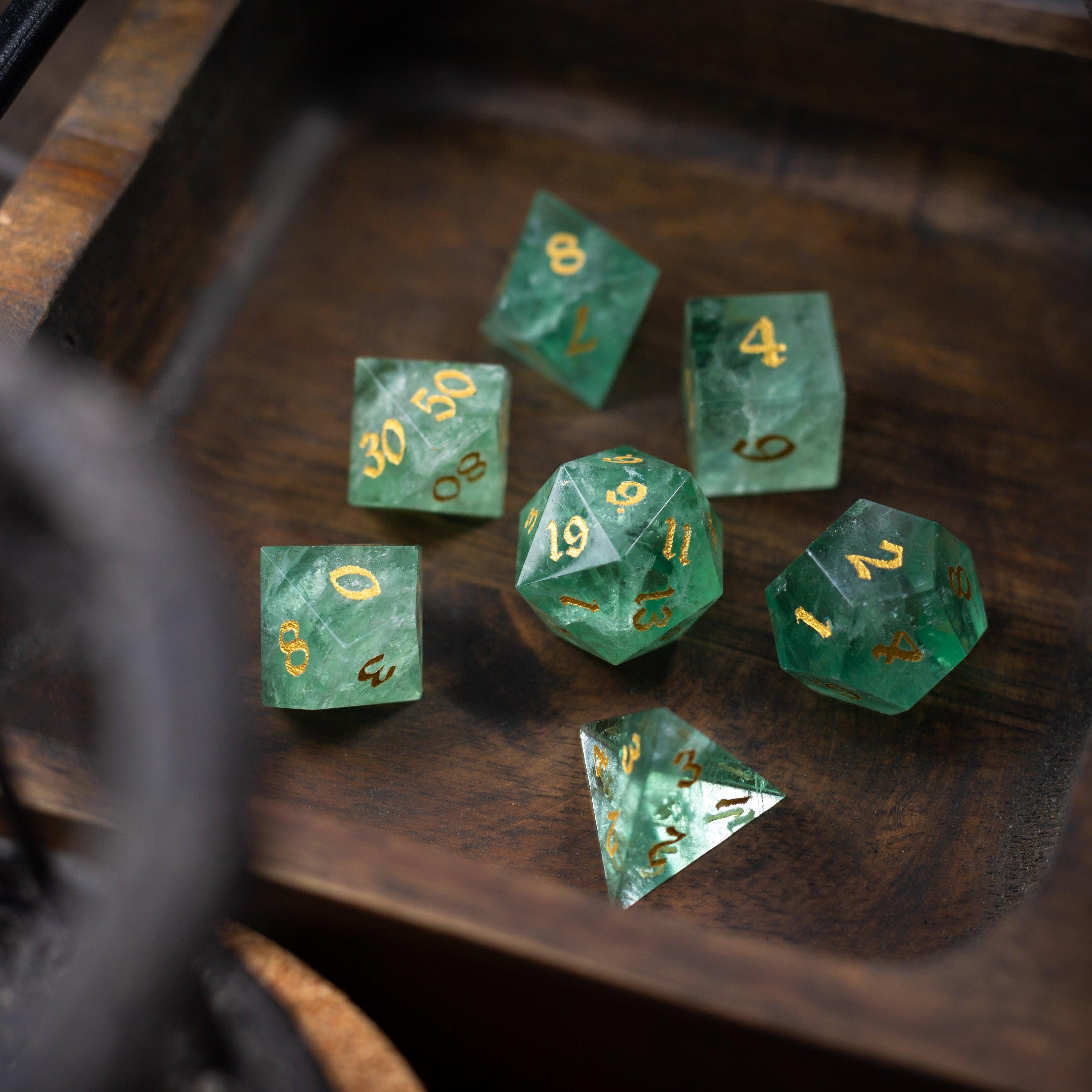Green Fluorite Gemstone (Chlorophane) Hand Carved DND Dice Set - 0