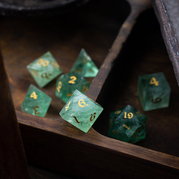 Green Fluorite Gemstone (Chlorophane) Hand Carved DND Dice Set - Bards & Cards